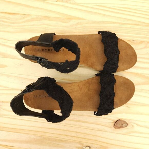 Lucky Brand Women's Sandals Sz 9 Black Fabric Open Toe Ankle Strap Wedge Bridal - Picture 3 of 8